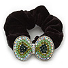 Large Rhodium Plated Crystal Bow Pony Tail Black Hair Scrunchie - Green/Clear