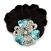Large Layered Rhodium Plated Crystal Flower Pony Tail Black Hair Scrunchie - Light Blue/ Clear/ AB