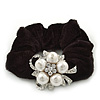 Rhodium Plated Crystal Simulated Pearl 'Flower' Pony Tail Black Hair Scrunchie - White/ Clear