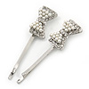 2 Bridal/ Prom Simulated Pearl Crystal 'Bow' Hair Grips/ Slides In Rhodium Plating - 50mm Across