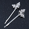 2 Rhodium Plated Clear Crystal Butterfly Hair Grips/ Slides - 55mm Across