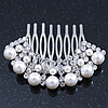 Bridal/ Wedding/ Prom/ Party Dome Shaped Rhodium Plated White Simulated Pearl Bead and Swarovski Crystal Hair Comb - 65mm