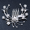 Bridal/ Wedding/ Prom/ Party Rhodium Plated Clear Austrian Crystal/ Simulated Pearl Floral Hair Comb - 75mm