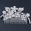 Statement Bridal/ Wedding/ Prom/ Party Rhodium Plated Clear Swarovski Sculptured Floral Crystal Side Hair Comb - 12cm Width