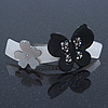 Grey, Black Acrylic Crystal 'Butterfly & Flower' Barrette Hair Clip Grip - 85mm Across