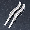 2 Bridal/ Prom Crystal, Simulated Pearl Wavy Hair Grips/ Slides In Rhodium Plating - 60mm Across