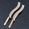 2 Bridal/ Prom Crystal, Simulated Pearl Wavy Hair Grips/ Slides In Gold Plating - 60mm Across
