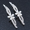 2 Bridal/ Prom 'Crystal Leaves And Simulated Pearl Flower' Hair Grips/ Slides In Rhodium Plating - 60mm Across