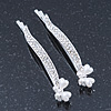 2 Bridal/ Prom 'Crystal Leaf And Simulated Pearl Butterfly' Hair Grips/ Slides In Rhodium Plating - 55mm Across