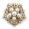 Bridal/ Wedding/ Prom/ Party Antique Gold Tone Austrian Clear Crystal, Glass Pearl 'Open Flower' Hair Comb - 55mm