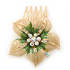 Gold Plated Pale Yellow/ Green Enamel AB Crystal 'Flower' Hair Comb - 55mm