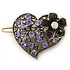 Vintage Inspired Lavender, Deep Purple and AB Crystal 'Heart' Hair Slide In Antique Gold Metal - 35mm Across