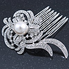 Bridal/ Wedding/ Prom/ Party Rhodium Plated Clear Swarovski Crystal, Glass Pearl Asymmetrical Leaf Hair Comb - 75mm