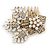 Vintage Inspired Bridal/ Wedding/ Prom/ Party Gold Tone CZ, Faux Peal Floral Hair Comb - 65mm