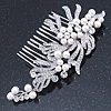 Bridal/ Wedding/ Prom/ Party Rhodium Plated Clear Austrian Crystal, Faux Pearl Floral Side Hair Comb - 105mm