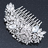 Bridal/ Wedding/ Prom/ Party Rhodium Plated Clear Crystal Rose Flower Hair Comb - 85mm