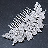 Oversized Bridal/ Wedding/ Prom/ Party Rhodium Plated Clear Crystal Triple Rose Floral Hair Comb - 110mm