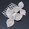Bridal/ Prom/ Wedding/ Party Rhodium Plated Clear Austrian Crystal Two Flower Side Hair Comb - 8cm Width