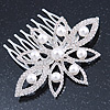 Bridal/ Prom/ Wedding/ Party Rhodium Plated Clear Austrian Crystal, White Glass Pearl Flower Side Hair Comb - 8cm W
