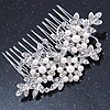 Bridal/ Wedding/ Prom/ Party Rhodium Plated Clear Crystal, Simulated Pearl Floral Hair Comb - 78mm Across