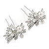 Bridal/ Wedding/ Prom/ Party Set Of 2 Rhodium Plated Clear Austrian Crystal Glass Pearl Floral Hair Pins - 70mm L