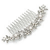Large Bridal/ Wedding/ Prom/ Party Rhodium Plated Clear Austrian Crystal, White Simulated Pearl Floral Hair Comb - 110mm