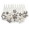 Medium Bridal/ Wedding/ Prom/ Party Rhodium Plated Clear Austrian Crystal, Faux Pearl Floral Hair Comb - 60mm