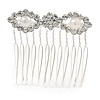 Mini Bridal/ Prom/ Party White Glass Pearl Crystal Flower Hair Comb In Silver Tone - 50mm Across