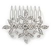 Bridal/ Wedding/ Prom/ Party Rhodium Plated Clear Austrian Crystal Floral Side Hair Comb - 60mm Width