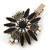 Vintage Inspired Black/ Grey Crystal, Pearl Flower Hair Beak Clip/ Concord Clip/ Clamp Clip In Bronze Tone - 60mm L