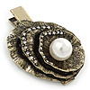 Vintage Inspired Clear Crystal, Pearl Hammered Shell Hair Beak Clip/ Concord Clip/ Clamp Clip In Bronze Tone - 60mm L