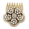 Vintage Inspired Clear Austrian Crystal, Glass Pearl Flower Side Hair Comb In Antique Gold Tone - 45mm