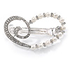 Clear Crystal, Glass Pearl Open Assymetrical Heart Barrette Hair Clip Grip In Rhodium Plated Metal - 50mm Across