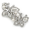 White Glass Pearl, Clear Crystal Butterfly Barrette Hair Clip Grip In Silver Tone - 70mm Across