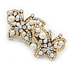 Vintage Inspired White Glass Pearl, Clear Crystal Butterfly Barrette Hair Clip Grip In Antique Gold Tone - 70mm Across