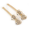 2 Bridal/ Prom Clear Crystal Double Heart Hair Grips/ Slides In Gold Plating - 65mm L