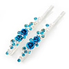 Pair Of Blue Crystal Rose Hair Slides In Rhodium Plating - 55mm L