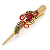 Long Vintage Inspired Gold Tone Ruby Red Crystal Whimsical Feather Hair Beak Clip/ Concord/ Crocodile Clip - 13.5cm L