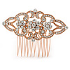 Bridal/ Wedding/ Prom/ Party Rose Gold Tone Clear Austrian Crystal Floral Side Hair Comb - 65mm