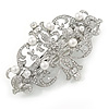 Bridal/ Prom Rhodium Plated Open Cut Clear Crystal, White Glass Pearl Barrette Hair Clip Grip - 85mm Across