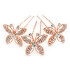 Bridal/ Wedding/ Prom/ Party Set Of 3 Rose Gold Tone Clear Austrian Crystal Butterfly Hair Pins