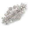 Medium Silver Tone Filigree Diamante Floral Barrette Hair Clip Grip - 70mm Across
