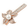 Large Glass Pearl, Clear Crystal Flower Hair Beak Clip/ Concord Clip In Rose Gold Tone - 85mm L