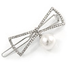 Silver Plated Clear Crystal White Glass Pearl Open Bow Hair Slide/ Grip - 50mm Across