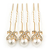 Bridal/ Wedding/ Prom/ Party Set Of 3 Gold Plated Clear Austrian Crystal Faux Pearl Hair Pins
