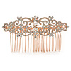 Clear Austrian Crystal Flowers and Twirls Side Hair Comb In Rose Gold Tone - 85mm