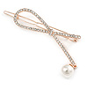 Rose Gold Tone Metal Clear Crystal, Simulated Pearl Bead Open Bow Hair Slide/ Grip - 70mm Across