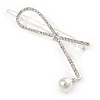 Silver Plated Clear Crystal, Simulated Pearl Bead Open Bow Hair Slide/ Grip - 70mm Across