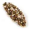 Vintage Inspired Caramel Faux Pearl, Topaz Crystal Floral Barrette Hair Clip Grip In Aged Gold Tone Finish - 85mm Across