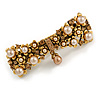 Vintage Inspired Caramel Faux Pearl, Topaz Crystal Bow Barrette Hair Clip Grip In Aged Gold Finish - 85mm Across
